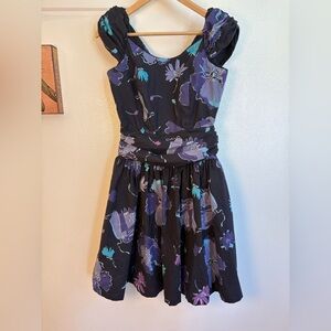 1980s Laura Ashley Black Dress with Purple and Blue Flowers